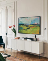 Quag by Jeanette Vertentes. shown as a framed stretched canvas in a living room above a console. Available as a archival giclee rolled canvas, fine art paper, or poster print. SKU 59577i.