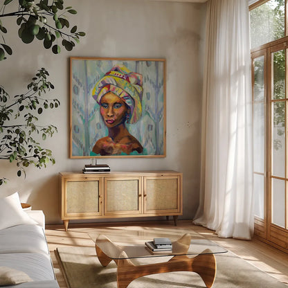 Queen by Jeanette Vertentes. Shown in a natural wood frame in a cozy modern living room. Available as an archival giclee rolled canvas, fine art paper, or poster print. SKU 53242a.