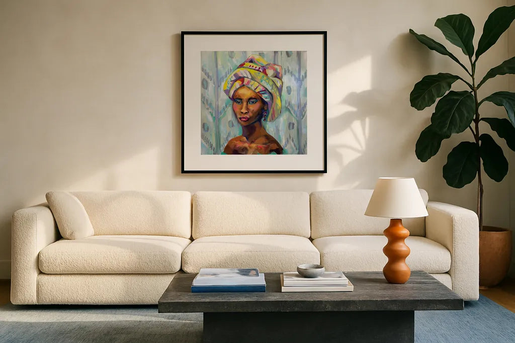Queen by Jeanette Vertentes. Displayed in a glass frame with matte in a clean modern living room. Available as an archival giclee rolled canvas, fine art paper, or poster print. SKU 53242a.