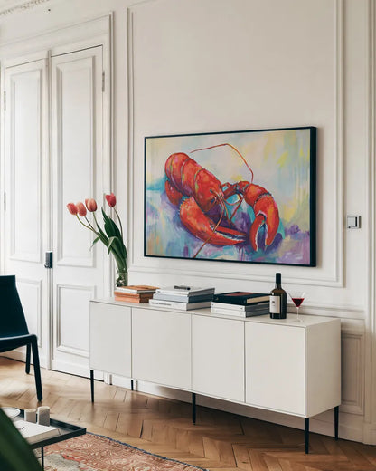 Red Lobster by Jeanette Vertentes. shown as a framed stretched canvas in a living room above a console. Available as a archival giclee rolled canvas, fine art paper, or poster print. SKU 92259i.