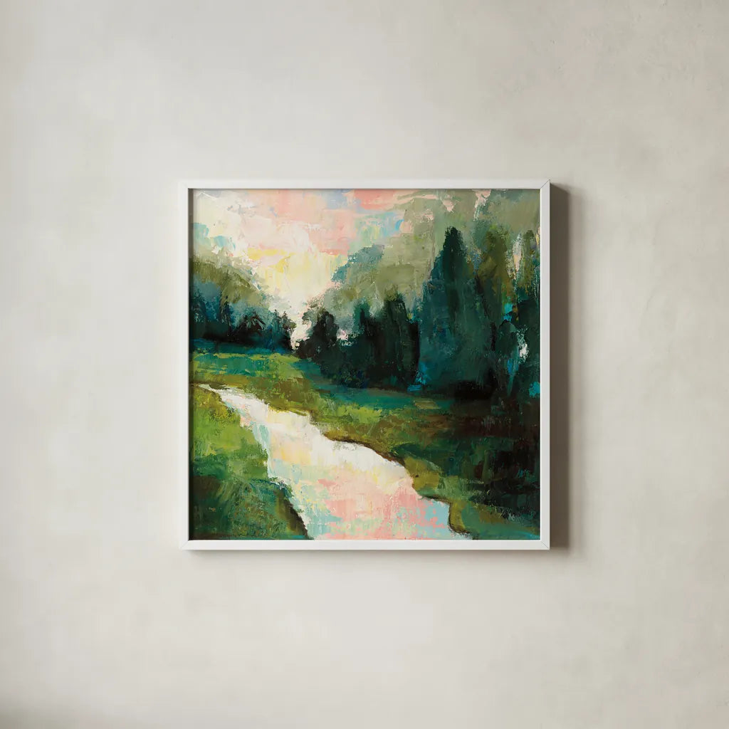 River Walk by Jeanette Vertentes. Shown in a crisp white glass frame for a clean and minimalist style. Available as an archival giclee rolled canvas, fine art paper, or poster print. SKU 53188a.
