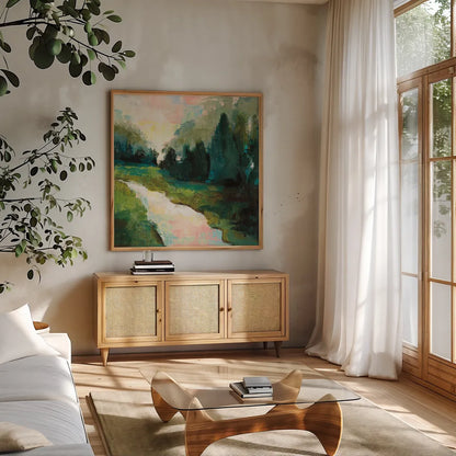 River Walk by Jeanette Vertentes. Shown in a natural wood frame in a cozy modern living room. Available as an archival giclee rolled canvas, fine art paper, or poster print. SKU 53188a.