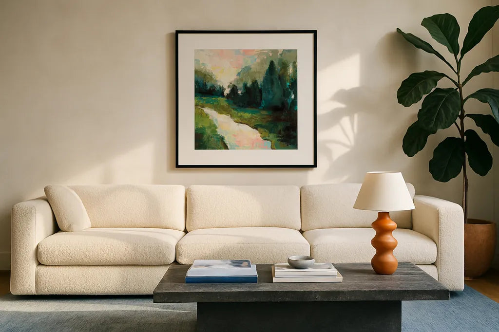 River Walk by Jeanette Vertentes. Displayed in a glass frame with matte in a clean modern living room. Available as an archival giclee rolled canvas, fine art paper, or poster print. SKU 53188a.