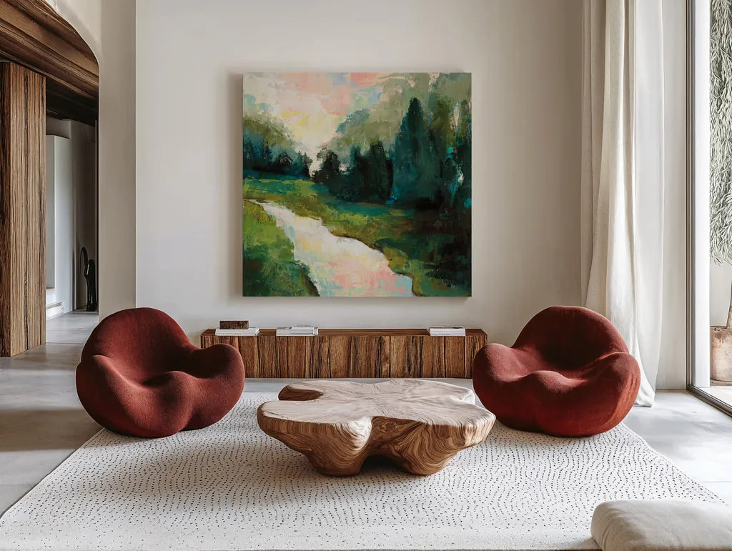 River Walk by Jeanette Vertentes. Shown as extra-large giant wall art in a modern living room. Available as an archival giclee rolled canvas, fine art paper, or poster print. SKU 53188a.