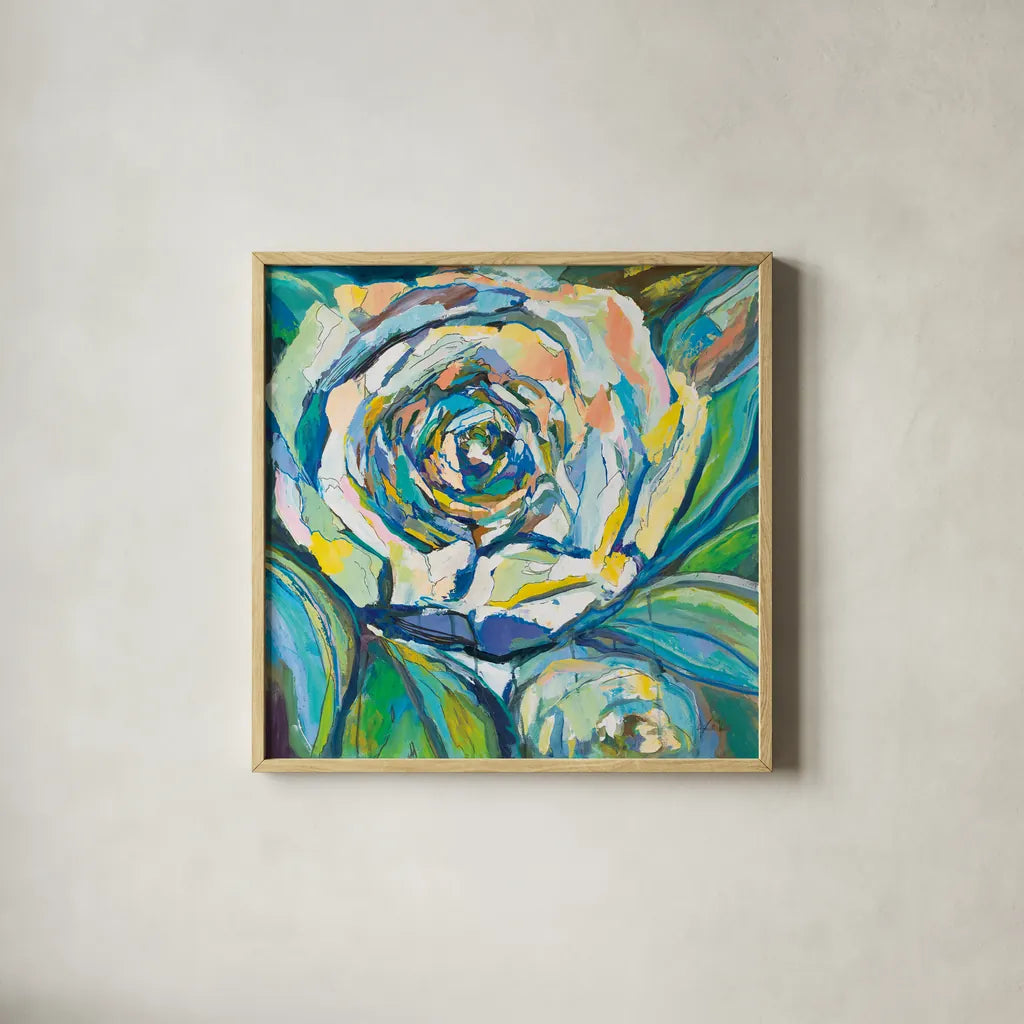 Rose by Jeanette Vertentes. Shown in a natural wood glass frame for a timeless modern aesthetic. Available as an archival giclee rolled canvas, fine art paper, or poster print. SKU 67251a.