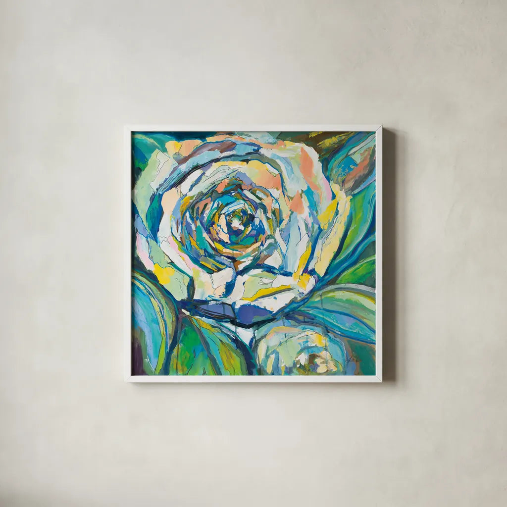 Rose by Jeanette Vertentes. Shown in a crisp white glass frame for a clean and minimalist style. Available as an archival giclee rolled canvas, fine art paper, or poster print. SKU 67251a.