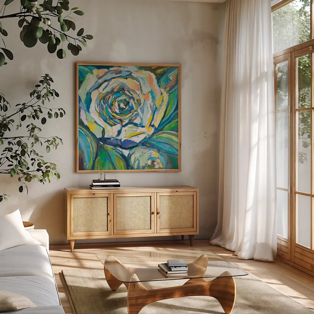 Rose by Jeanette Vertentes. Shown in a natural wood frame in a cozy modern living room. Available as an archival giclee rolled canvas, fine art paper, or poster print. SKU 67251a.