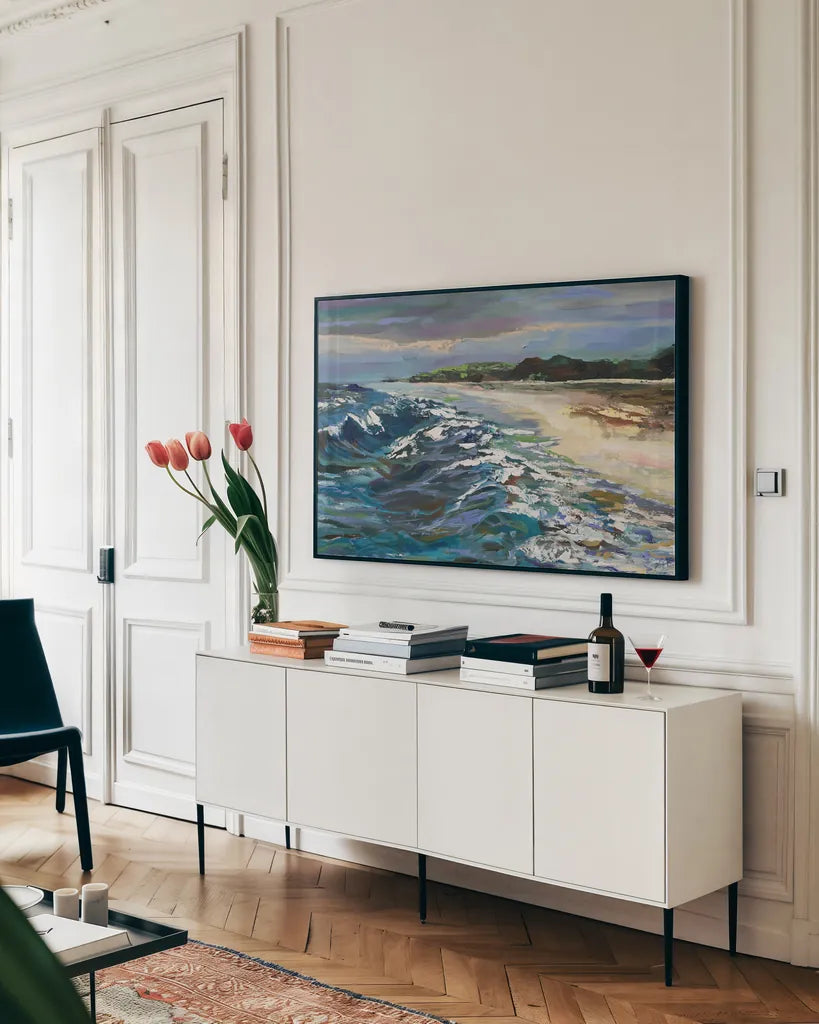 Rough Day by Jeanette Vertentes. shown as a framed stretched canvas in a living room above a console. Available as a archival giclee rolled canvas, fine art paper, or poster print. SKU 100310i.