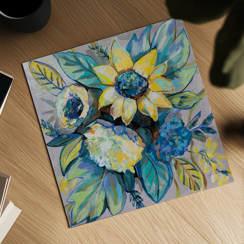 Sage and Sunflowers I by Jeanette Vertentes. Shown as a detailed flat fine art print, highlighting archival giclee quality. Available as an archival giclee rolled canvas, fine art paper, or poster print. SKU 53462a.