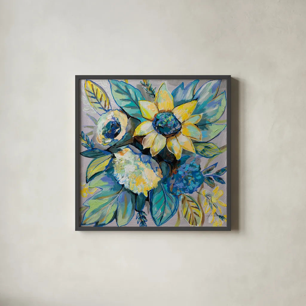 Sage and Sunflowers I by Jeanette Vertentes. Shown in a sleek black glass frame for a contemporary gallery look. Available as an archival giclee rolled canvas, fine art paper, or poster print. SKU 53462a.