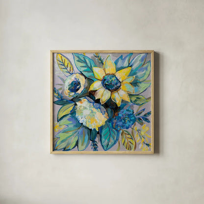 Sage and Sunflowers I by Jeanette Vertentes. Shown in a natural wood glass frame for a timeless modern aesthetic. Available as an archival giclee rolled canvas, fine art paper, or poster print. SKU 53462a.