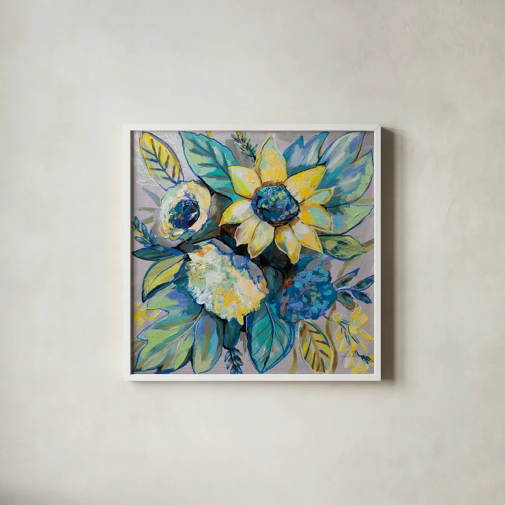Sage and Sunflowers I by Jeanette Vertentes. Shown in a crisp white glass frame for a clean and minimalist style. Available as an archival giclee rolled canvas, fine art paper, or poster print. SKU 53462a.