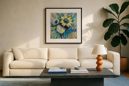 Sage and Sunflowers I by Jeanette Vertentes. Displayed in a glass frame with matte in a clean modern living room. Available as an archival giclee rolled canvas, fine art paper, or poster print. SKU 53462a.