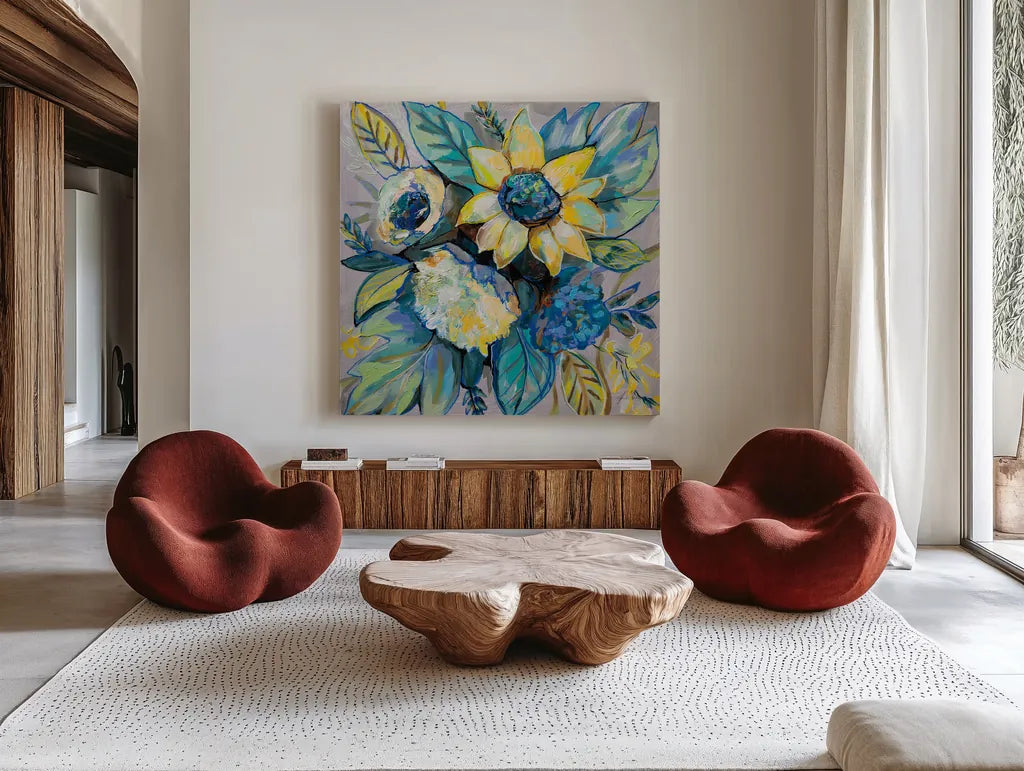 Sage and Sunflowers I by Jeanette Vertentes. Shown as extra-large giant wall art in a modern living room. Available as an archival giclee rolled canvas, fine art paper, or poster print. SKU 53462a.