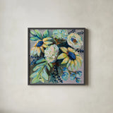 Sage and Sunflowers II by Jeanette Vertentes. Shown in a sleek black glass frame for a contemporary gallery look. Available as an archival giclee rolled canvas, fine art paper, or poster print. SKU 53463a.