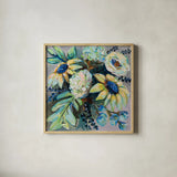 Sage and Sunflowers II by Jeanette Vertentes. Shown in a natural wood glass frame for a timeless modern aesthetic. Available as an archival giclee rolled canvas, fine art paper, or poster print. SKU 53463a.