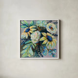 Sage and Sunflowers II by Jeanette Vertentes. Shown in a crisp white glass frame for a clean and minimalist style. Available as an archival giclee rolled canvas, fine art paper, or poster print. SKU 53463a.