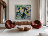Sage and Sunflowers II by Jeanette Vertentes. Shown as extra-large giant wall art in a modern living room. Available as an archival giclee rolled canvas, fine art paper, or poster print. SKU 53463a.