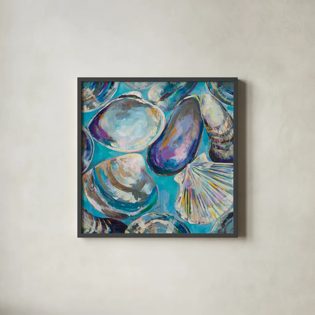 Salt Water Finds by Jeanette Vertentes. Shown in a sleek black glass frame for a contemporary gallery look. Available as an archival giclee rolled canvas, fine art paper, or poster print. SKU 70357a.