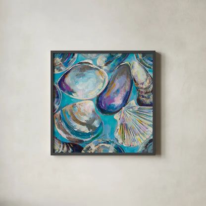 Salt Water Finds by Jeanette Vertentes. Shown in a sleek black glass frame for a contemporary gallery look. Available as an archival giclee rolled canvas, fine art paper, or poster print. SKU 70357a.