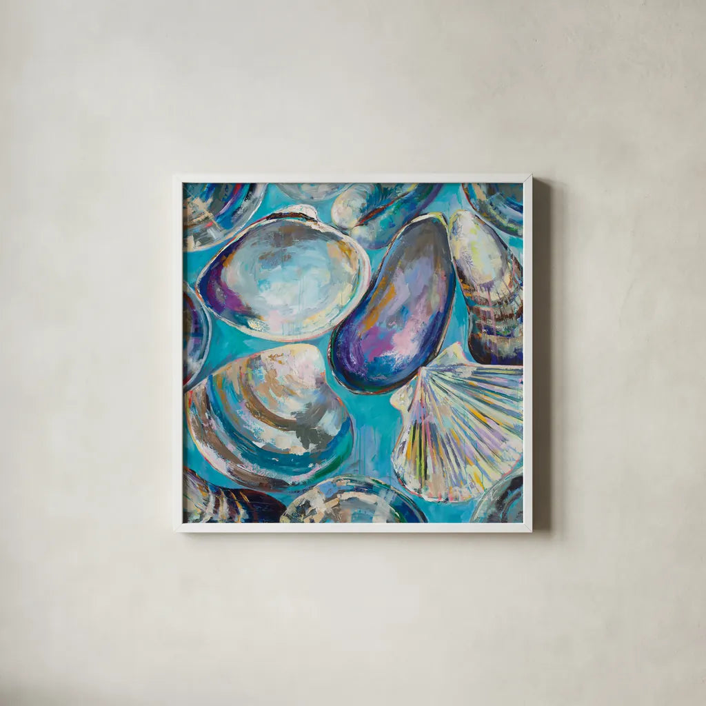 Salt Water Finds by Jeanette Vertentes. Shown in a crisp white glass frame for a clean and minimalist style. Available as an archival giclee rolled canvas, fine art paper, or poster print. SKU 70357a.