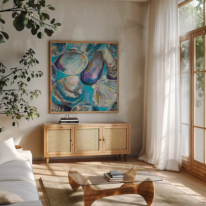 Salt Water Finds by Jeanette Vertentes. Shown in a natural wood frame in a cozy modern living room. Available as an archival giclee rolled canvas, fine art paper, or poster print. SKU 70357a.