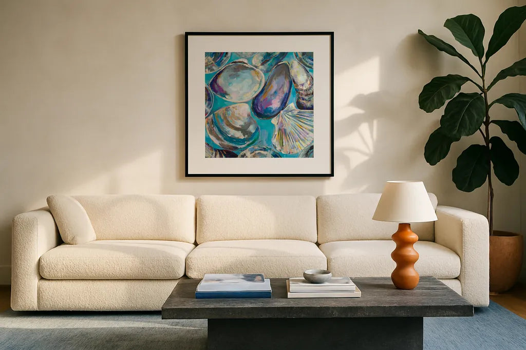 Salt Water Finds by Jeanette Vertentes. Displayed in a glass frame with matte in a clean modern living room. Available as an archival giclee rolled canvas, fine art paper, or poster print. SKU 70357a.