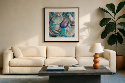 Salt Water Finds by Jeanette Vertentes. Displayed in a glass frame with matte in a clean modern living room. Available as an archival giclee rolled canvas, fine art paper, or poster print. SKU 70357a.