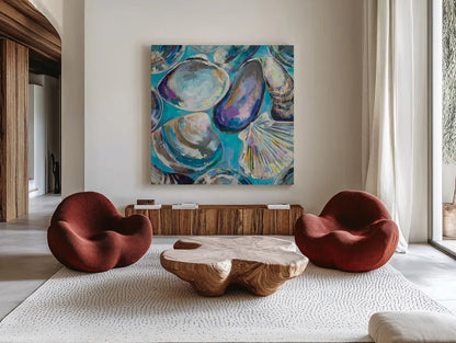 Salt Water Finds by Jeanette Vertentes. Shown as extra-large giant wall art in a modern living room. Available as an archival giclee rolled canvas, fine art paper, or poster print. SKU 70357a.