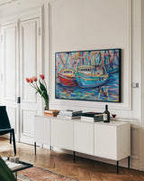 Salty Duo by Jeanette Vertentes. shown as a framed stretched canvas in a living room above a console. Available as a archival giclee rolled canvas, fine art paper, or poster print. SKU 75676i.
