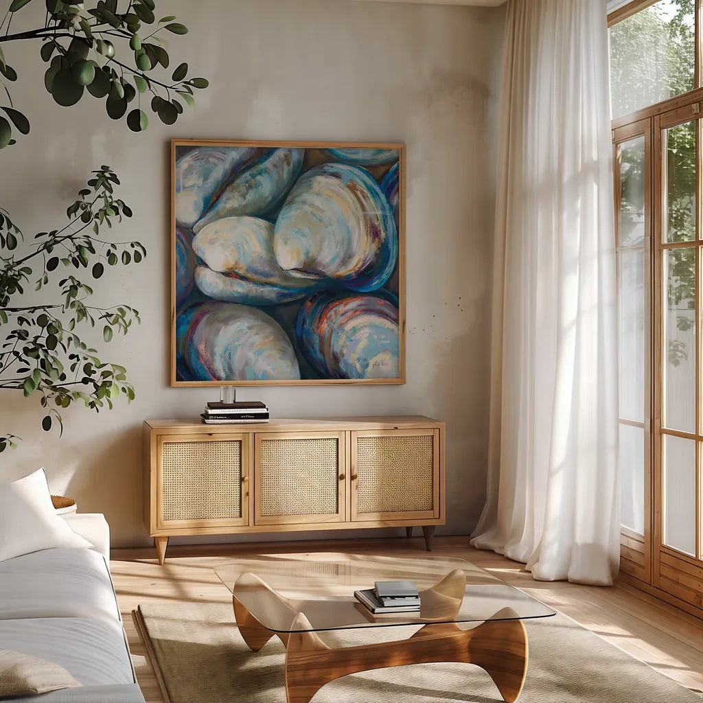 Salty I by Jeanette Vertentes. Shown in a natural wood frame in a cozy modern living room. Available as an archival giclee rolled canvas, fine art paper, or poster print. SKU 70561a.