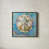 Sand Dollar by Jeanette Vertentes. Shown in a sleek black glass frame for a contemporary gallery look. Available as an archival giclee rolled canvas, fine art paper, or poster print. SKU 69365a.