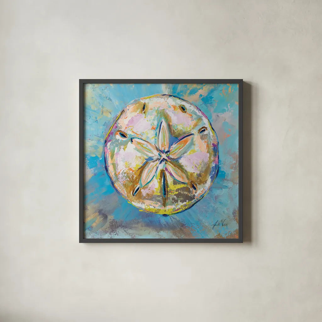 Sand Dollar by Jeanette Vertentes. Shown in a sleek black glass frame for a contemporary gallery look. Available as an archival giclee rolled canvas, fine art paper, or poster print. SKU 69365a.
