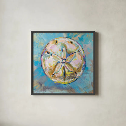 Sand Dollar by Jeanette Vertentes. Shown in a sleek black glass frame for a contemporary gallery look. Available as an archival giclee rolled canvas, fine art paper, or poster print. SKU 69365a.