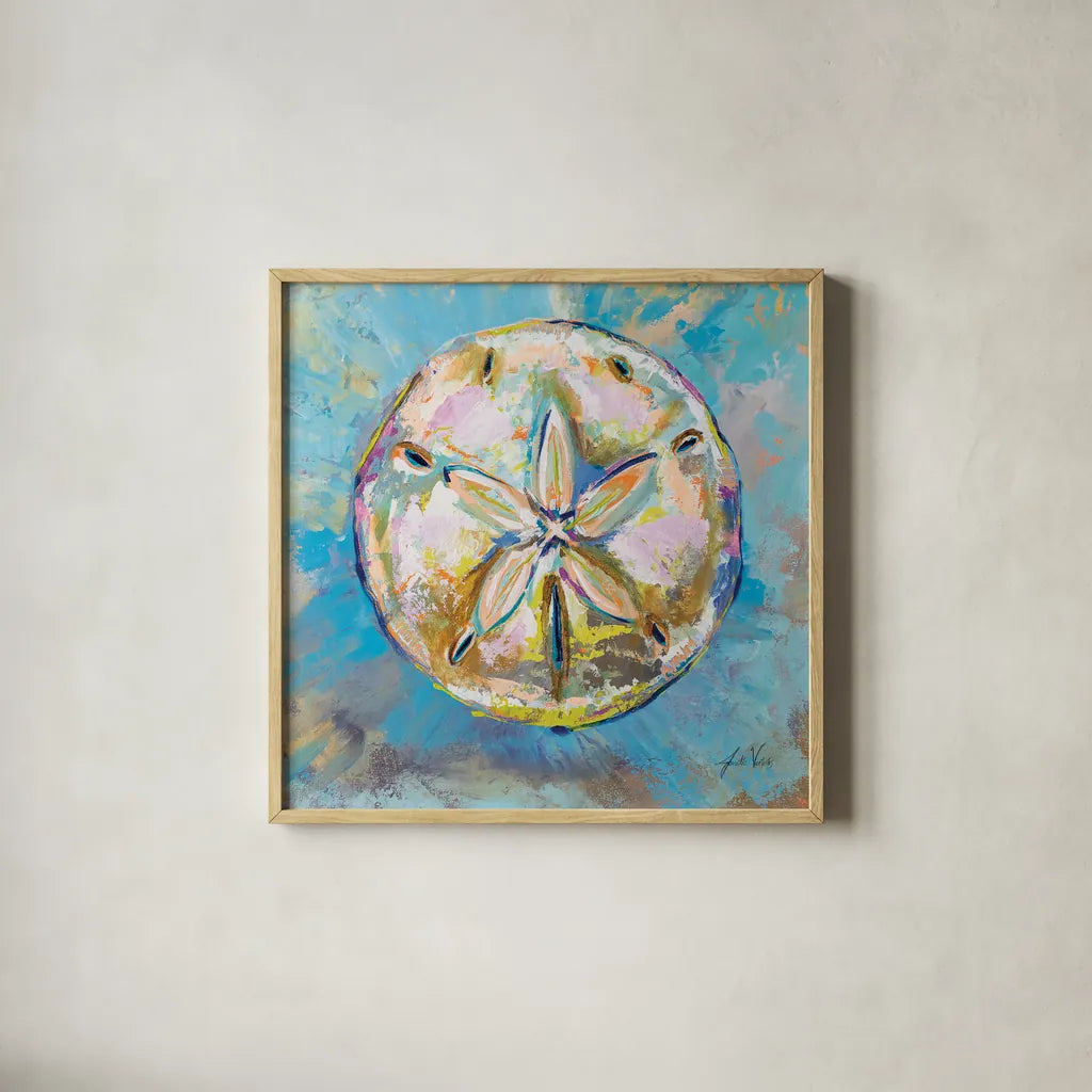 Sand Dollar by Jeanette Vertentes. Shown in a natural wood glass frame for a timeless modern aesthetic. Available as an archival giclee rolled canvas, fine art paper, or poster print. SKU 69365a.
