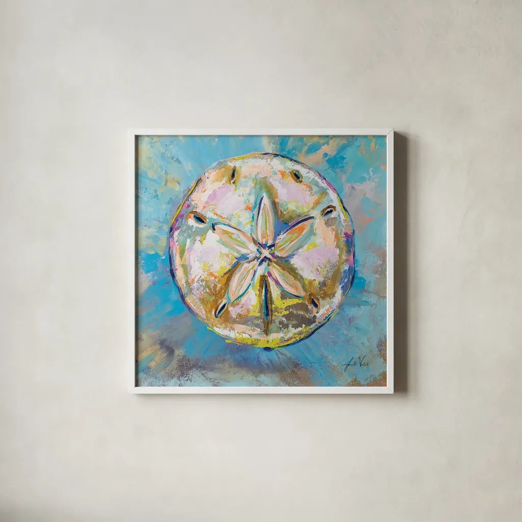 Sand Dollar by Jeanette Vertentes. Shown in a crisp white glass frame for a clean and minimalist style. Available as an archival giclee rolled canvas, fine art paper, or poster print. SKU 69365a.