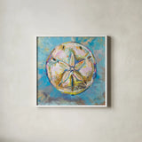 Sand Dollar by Jeanette Vertentes. Shown in a crisp white glass frame for a clean and minimalist style. Available as an archival giclee rolled canvas, fine art paper, or poster print. SKU 69365a.