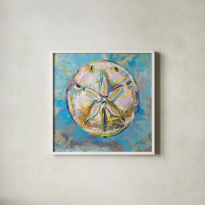 Sand Dollar by Jeanette Vertentes. Shown in a crisp white glass frame for a clean and minimalist style. Available as an archival giclee rolled canvas, fine art paper, or poster print. SKU 69365a.