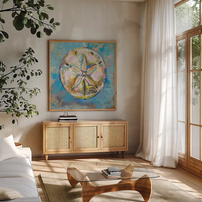 Sand Dollar by Jeanette Vertentes. Shown in a natural wood frame in a cozy modern living room. Available as an archival giclee rolled canvas, fine art paper, or poster print. SKU 69365a.