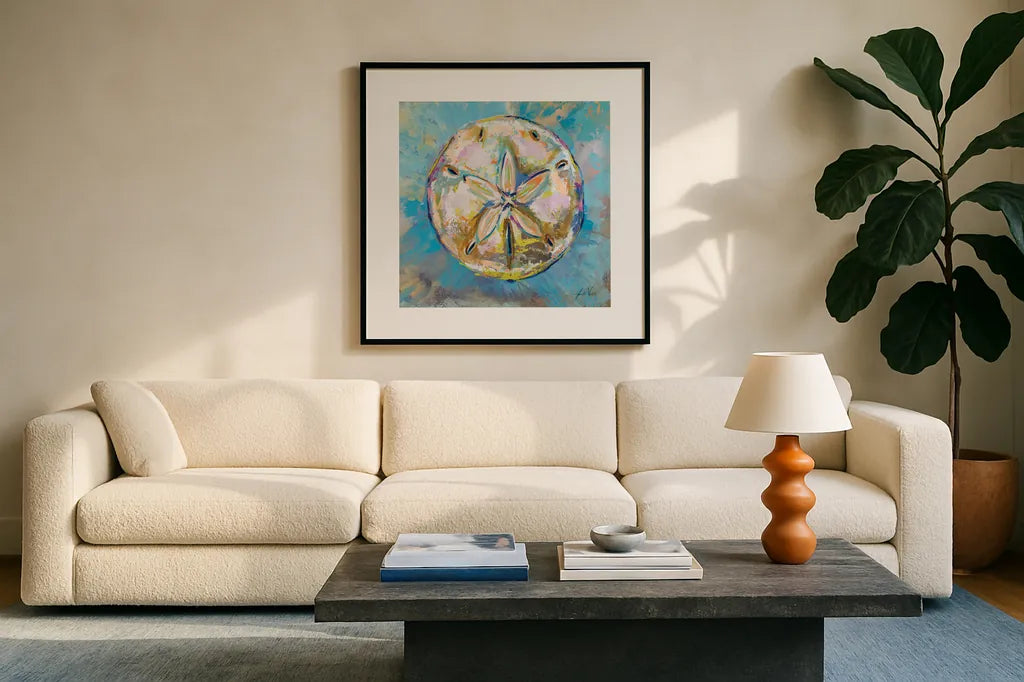 Sand Dollar by Jeanette Vertentes. Displayed in a glass frame with matte in a clean modern living room. Available as an archival giclee rolled canvas, fine art paper, or poster print. SKU 69365a.