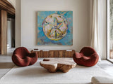Sand Dollar by Jeanette Vertentes. Shown as extra-large giant wall art in a modern living room. Available as an archival giclee rolled canvas, fine art paper, or poster print. SKU 69365a.
