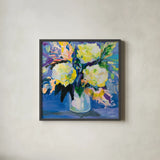 Sapphire Bouquet by Jeanette Vertentes. Shown in a sleek black glass frame for a contemporary gallery look. Available as an archival giclee rolled canvas, fine art paper, or poster print. SKU 99844a.