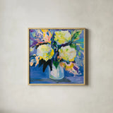 Sapphire Bouquet by Jeanette Vertentes. Shown in a natural wood glass frame for a timeless modern aesthetic. Available as an archival giclee rolled canvas, fine art paper, or poster print. SKU 99844a.