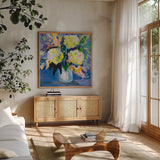 Sapphire Bouquet by Jeanette Vertentes. Shown in a natural wood frame in a cozy modern living room. Available as an archival giclee rolled canvas, fine art paper, or poster print. SKU 99844a.