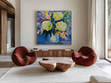 Sapphire Bouquet by Jeanette Vertentes. Shown as extra-large giant wall art in a modern living room. Available as an archival giclee rolled canvas, fine art paper, or poster print. SKU 99844a.
