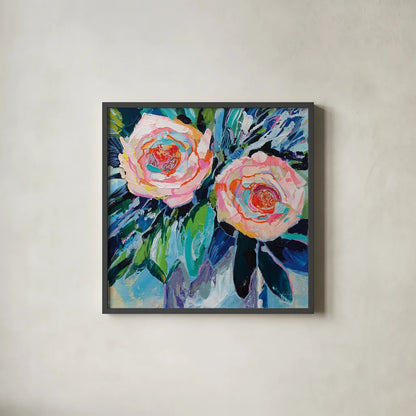 Sarahs Bouquet by Jeanette Vertentes. Shown in a sleek black glass frame for a contemporary gallery look. Available as an archival giclee rolled canvas, fine art paper, or poster print. SKU 89654a.
