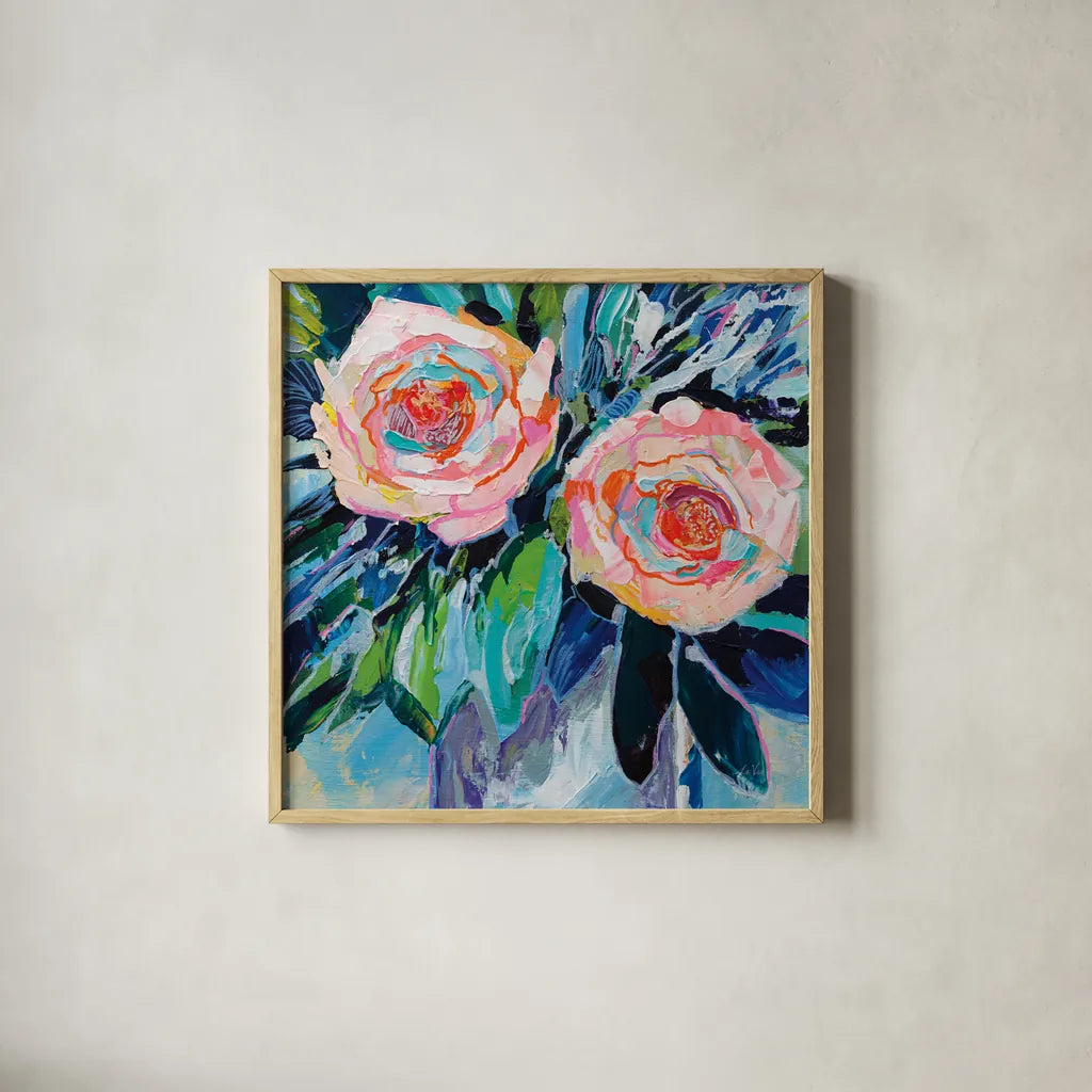 Sarahs Bouquet by Jeanette Vertentes. Shown in a natural wood glass frame for a timeless modern aesthetic. Available as an archival giclee rolled canvas, fine art paper, or poster print. SKU 89654a.