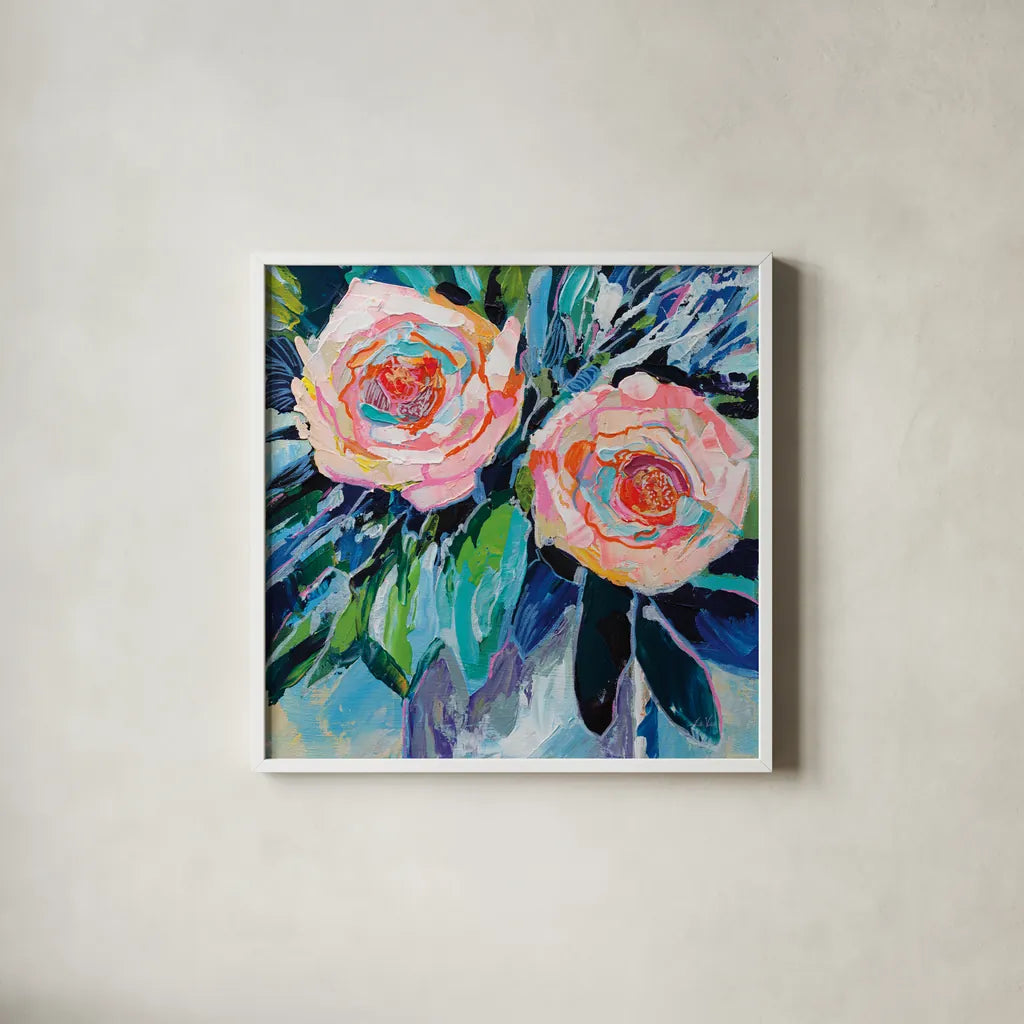 Sarahs Bouquet by Jeanette Vertentes. Shown in a crisp white glass frame for a clean and minimalist style. Available as an archival giclee rolled canvas, fine art paper, or poster print. SKU 89654a.