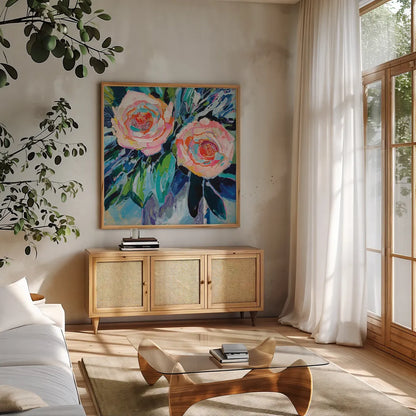 Sarahs Bouquet by Jeanette Vertentes. Shown in a natural wood frame in a cozy modern living room. Available as an archival giclee rolled canvas, fine art paper, or poster print. SKU 89654a.