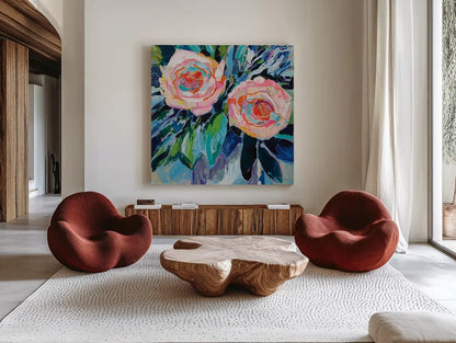 Sarahs Bouquet by Jeanette Vertentes. Shown as extra-large giant wall art in a modern living room. Available as an archival giclee rolled canvas, fine art paper, or poster print. SKU 89654a.